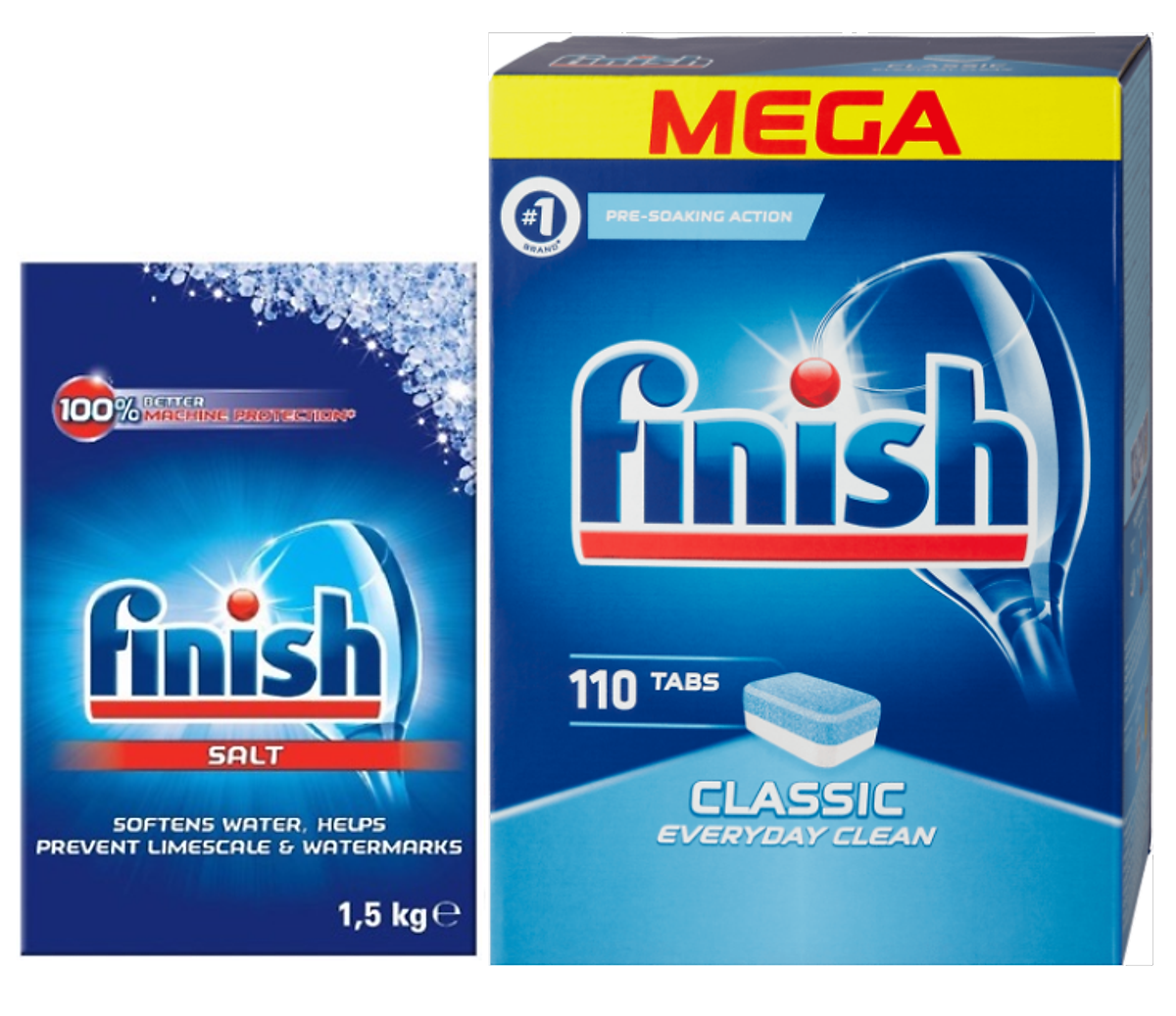 Muối Finish 1.5kg+Viên rửa bát Finish 110 viên (Đức) dùng cho máy rửa chén bát