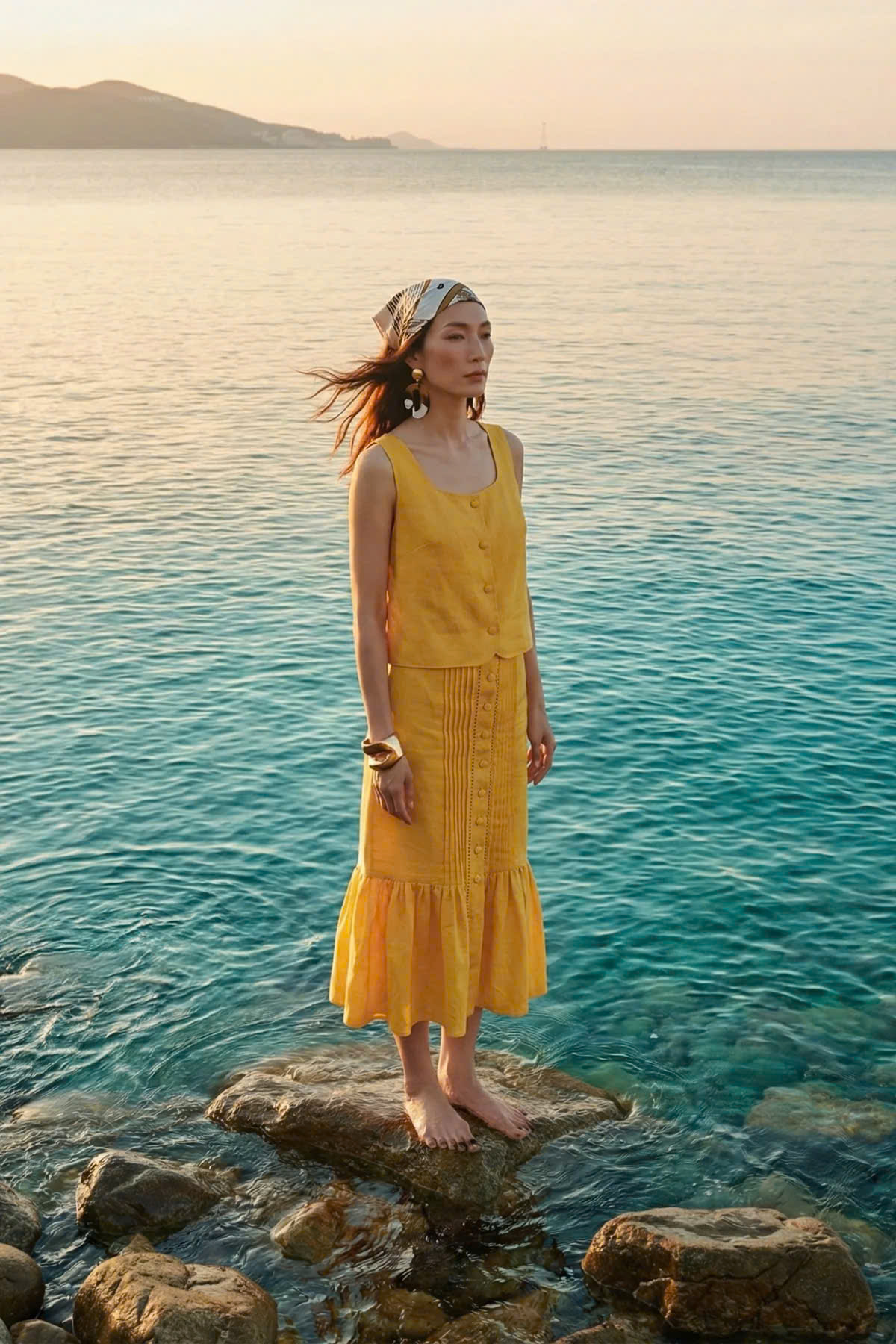 Váy Midi Lưng Thun Linen Vàng Tràng An SKI052 thời trang thiết kế Hity