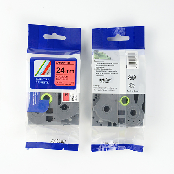 Tape nhãn in tương thích CPT-451 dùng cho máy in nhãn Brother P-Touch (chữ đen nền đỏ, 24mm)