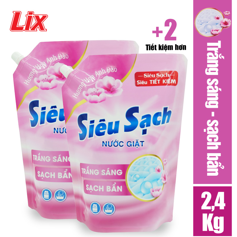 COMBO 2 Túi nước giặt Lix siêu sạch hương hoa anh đào (2 túi x 2.4kg) N2502