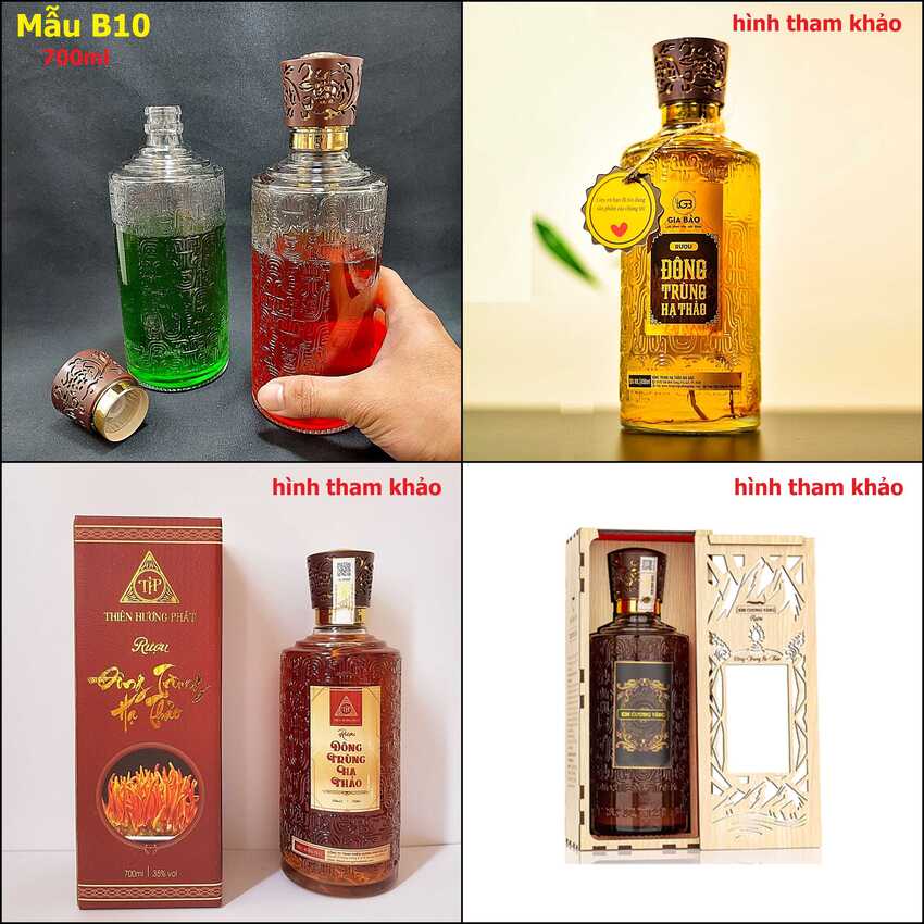 Vỏ chai đựng rươu 700ml thủy tinh cao cấp hoa văn nổi - Mẫu Trụ Tròn – Nắp nhựa màu vàng xen nâu - Chưng bàn ăn vô cùng sang trọng