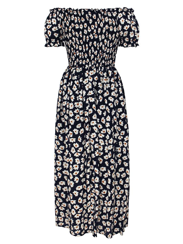 Fashion Women Summer Floral Print Dress Off Shoulder Short Sleeve Ruched Split Hem Bohemian Holiday Dress