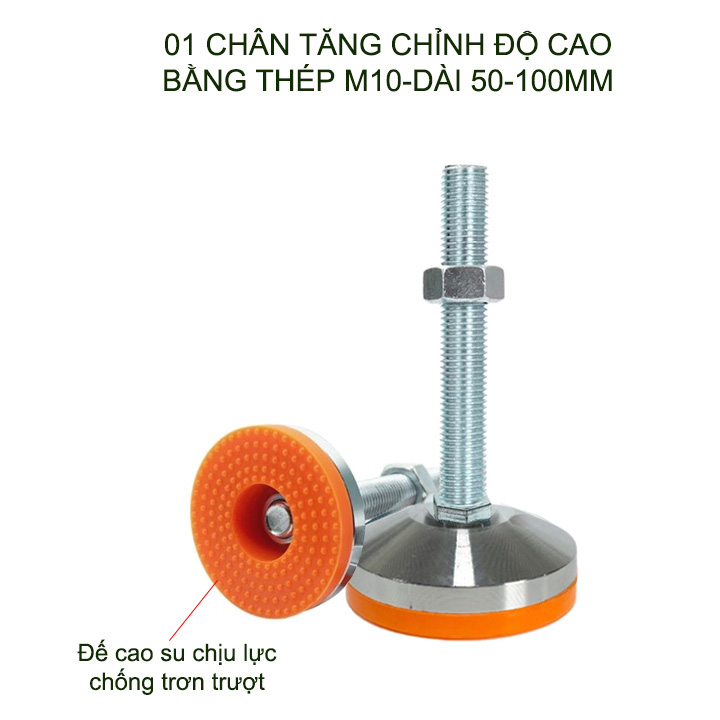 01 Chân tăng chỉnh độ cao bằng sắt có đế cao su, trục M10, dài 50-100mm tùy chọn