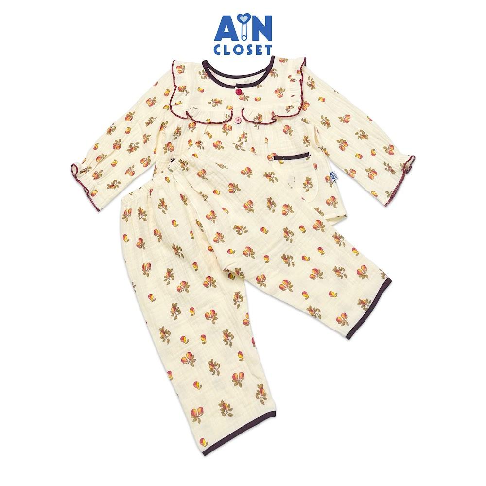 Bộ quần áo dài bé gái họa tiết Lê nâu viền tím xô muslin - AICDBGYIYJ9L - AIN Closet