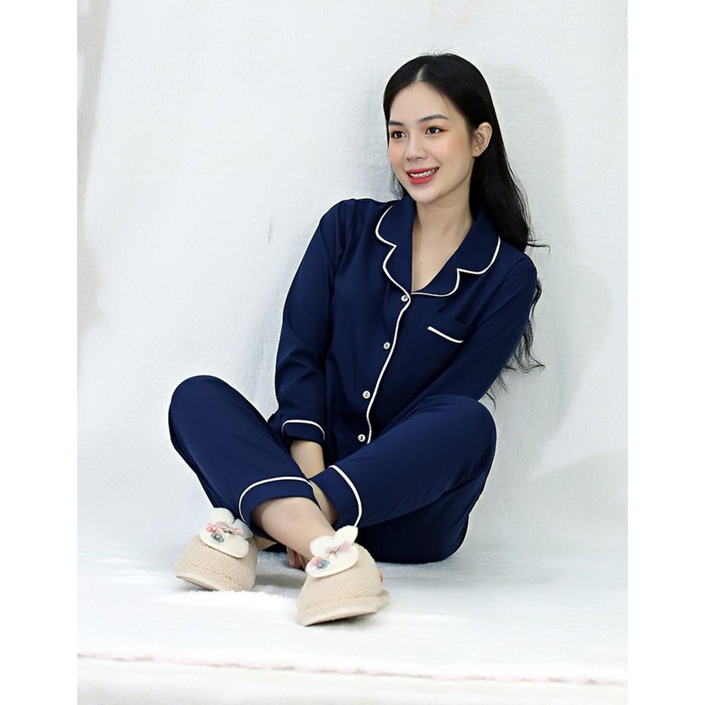 Bộ đồ bộ Pijama màu XANH ĐEN tay dài quần dài lụa Pháp - Thoải Mái Nhẹ Nhàng