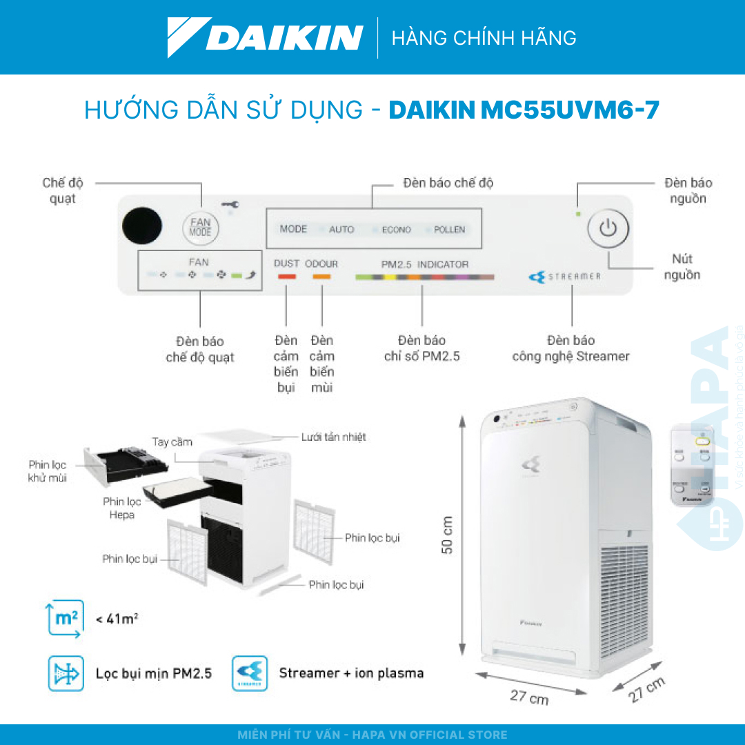 Máy Lọc Không Khí DAIKIN MC55UVM6-7 Phòng &lt; 41m2 HEPA, Streamer &amp; ION PLASMA - Hàng Chính Hãng DAIKIN
