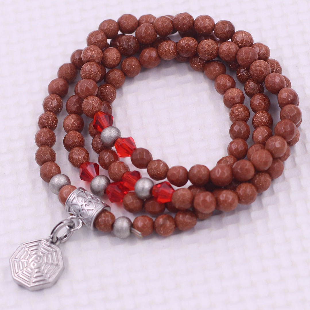 Vòng chuỗi 108 hạt đá kim sa cắt giác 6 ly charm bát quái inox - vòng chuỗi niệm Phật, vòng tay chuỗi hạt