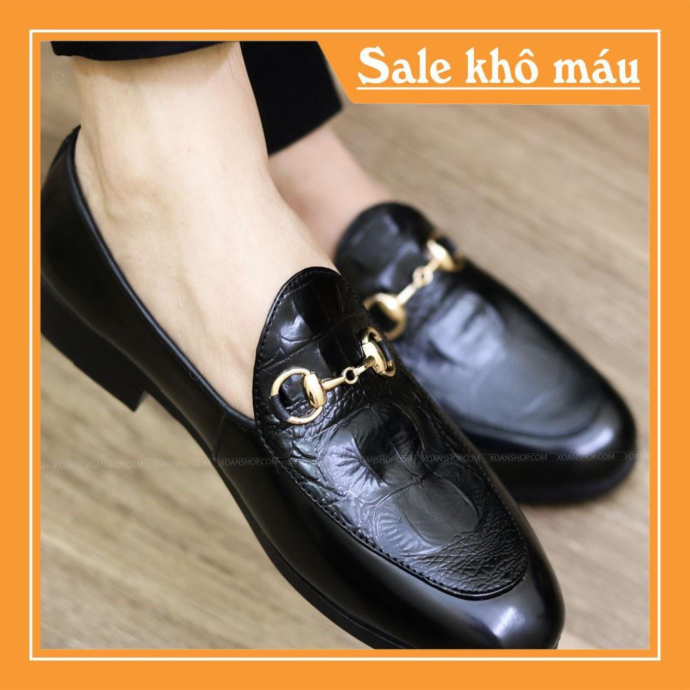 Giày Lười Nam Da Bóng Dập Vân Cá Sấu , Đai Kim Vàng Mạ Chống Gỉ - Mã l154