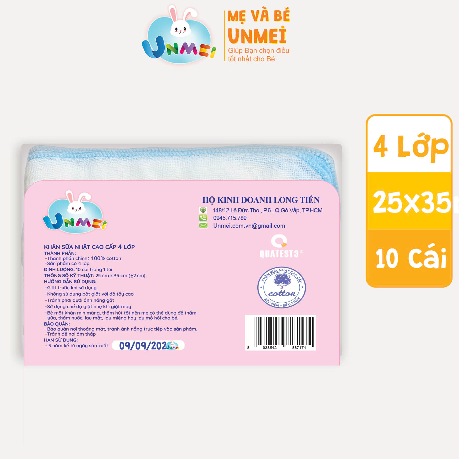 Bịch 10 Cái Khăn Sữa Unmei Xuất Nhật 100% Cotton, Dày 4 Lớp Dành Cho Bé Từ Sơ Sinh (Kích Thước 25x35cm)