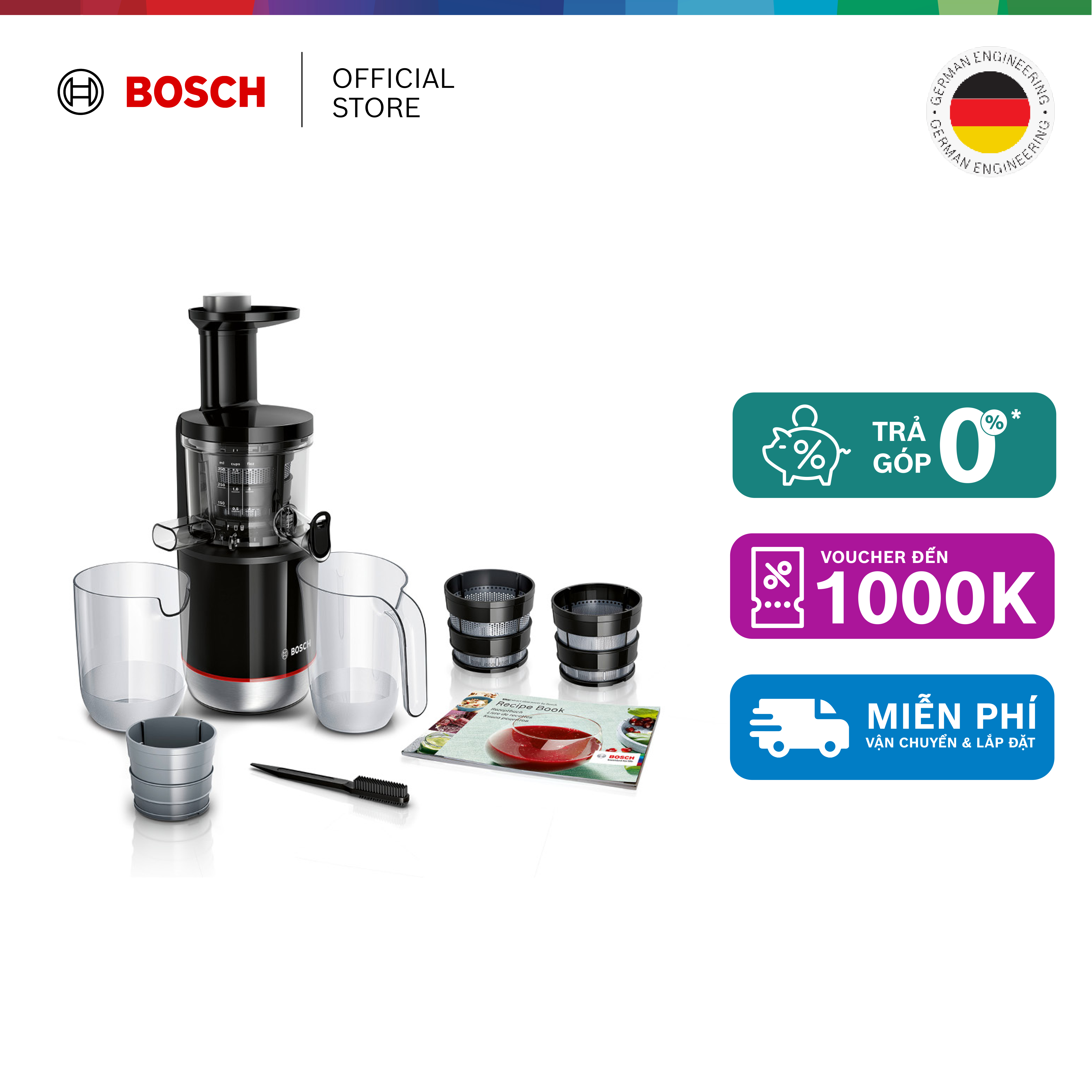 Máy ép chậm Bosch MESM731M 150W 3 bộ lọc (đen) - Hàng chính hãng