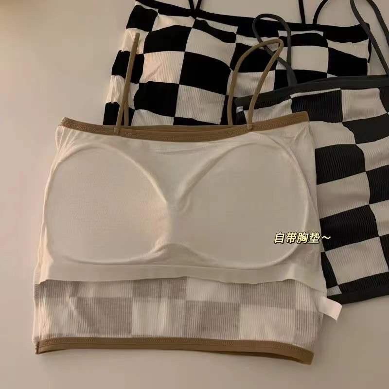 Áo hai dây bra caro croptop có đệm mút ngực hàng Quảng Châu đẹp
