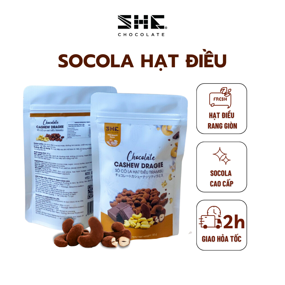 Socola Hạt điều Tiramisu - Túi 50g - SHE Chocolate - Tốt cho sức khỏe - Quà tặng người thân, dịp lễ, thích hợp ăn vặt