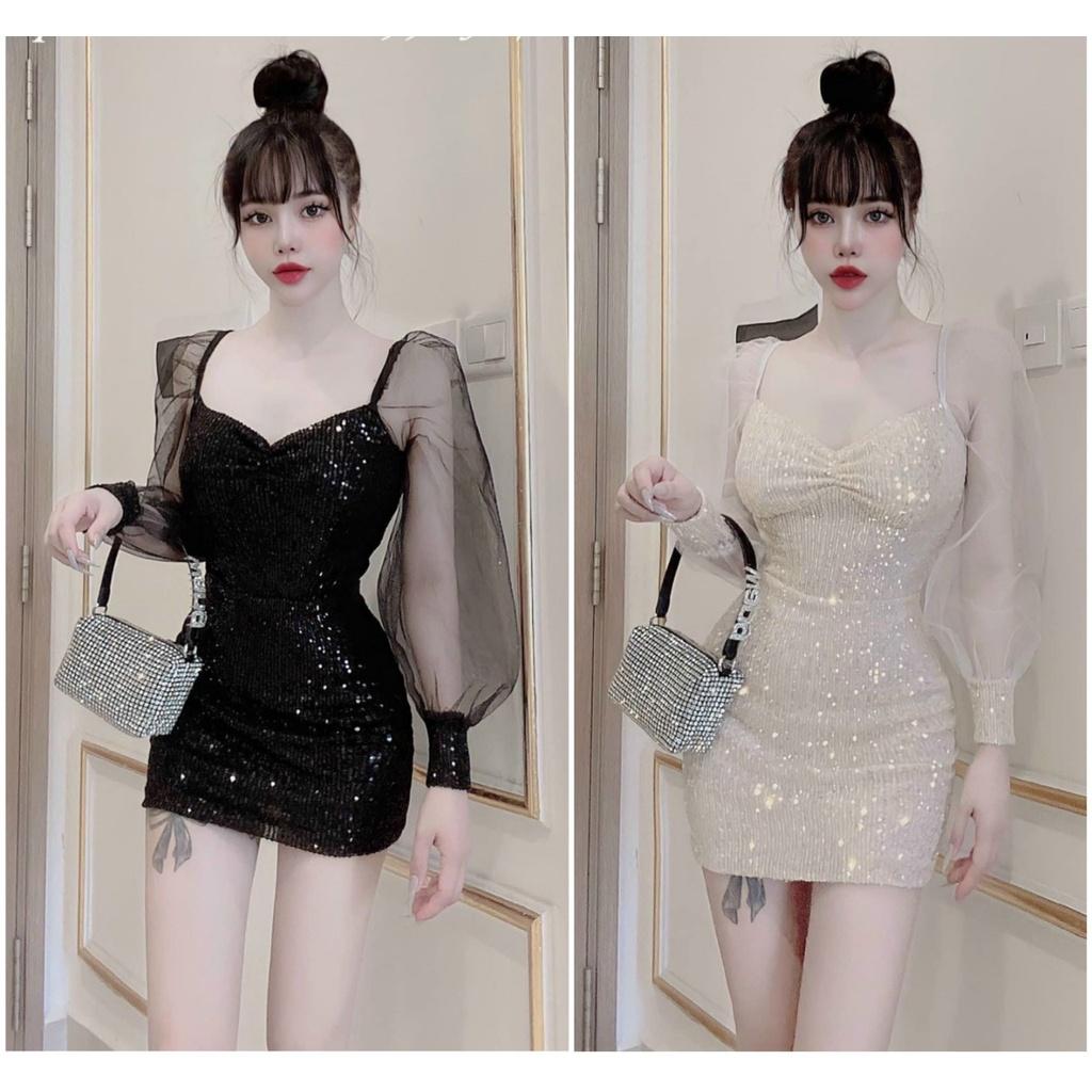 Đầm váy body kim sa phối tay lưới ( có mút, lót )