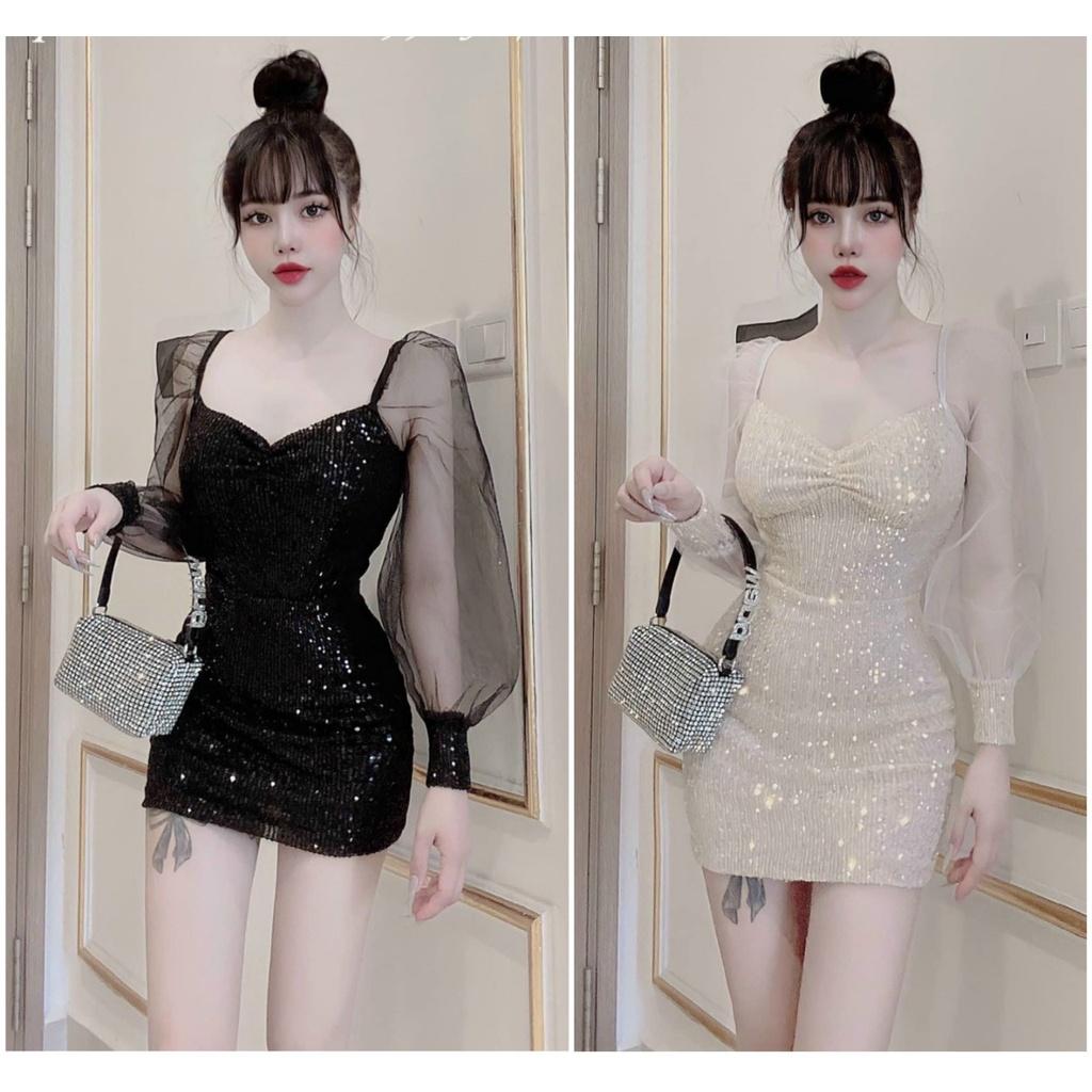Đầm body kim sa phối tay lưới