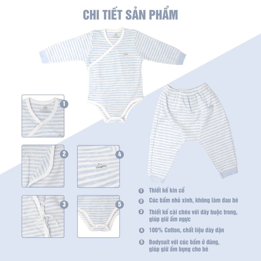Set Bodysuit sơ sinh 5 món ComfyBaby (quần áo dài tay, bao tay chân, mũ) kẻ sọc