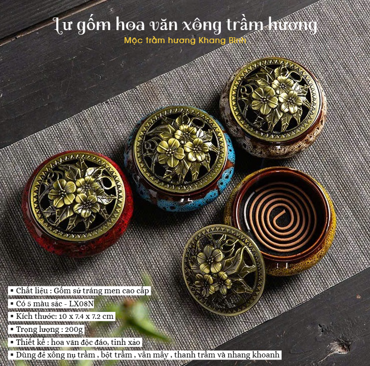 Lư gốm sứ Hoa Văn Xông đốt nụ vân mây nhang Trầm Hương kèm đế lót bông - Mộc Trầm Hương Khang Bình