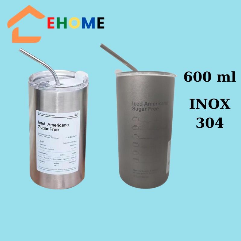 Bình nước giữ nhiệt inox ly giữ nhiệt caffe có ông hút và nắp đậy chống tràn dung tích 600ml Americano