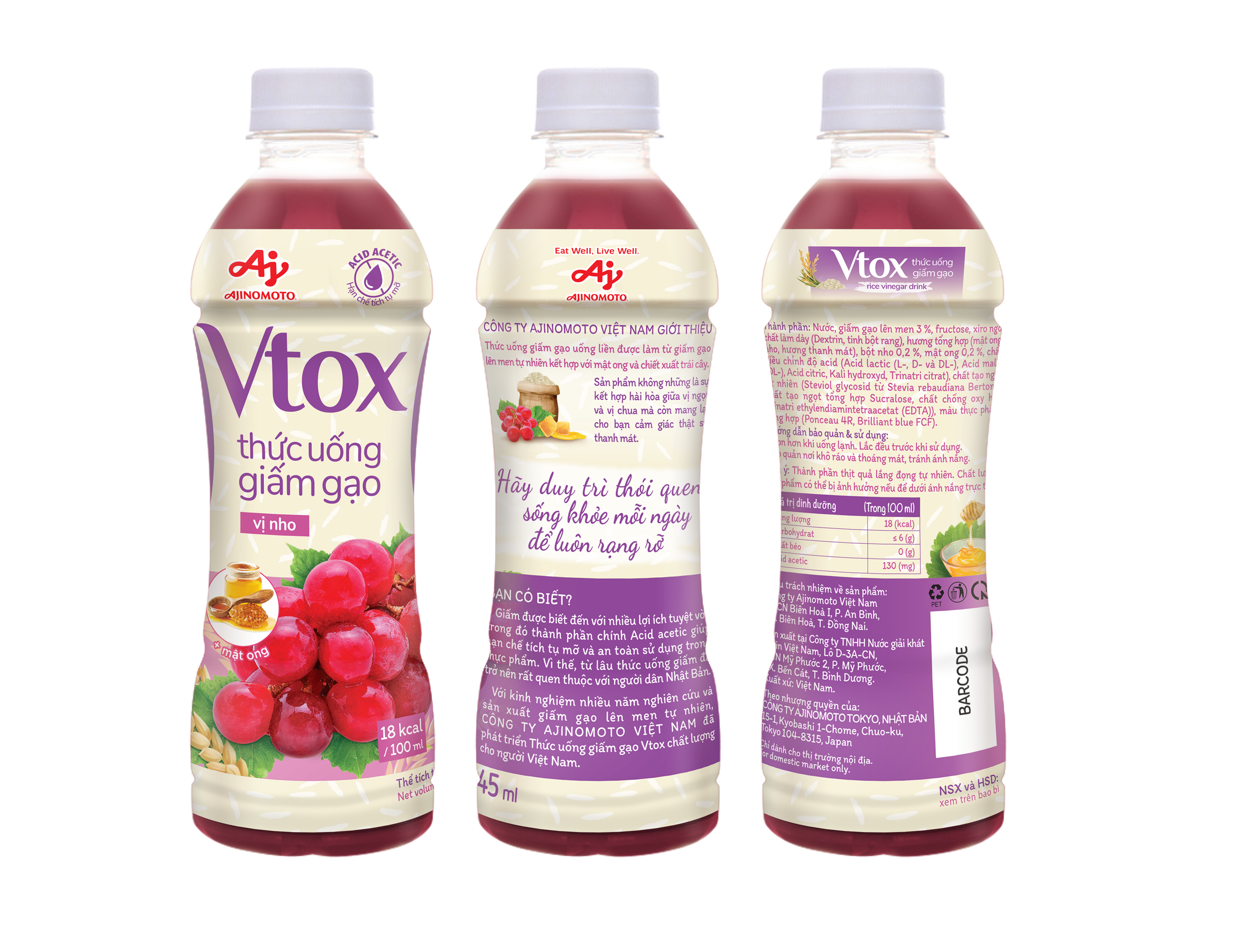 Thùng 24 Chai Thức Uống Giấm Gạo "Vtox" - Vị Nho 345ml/Chai