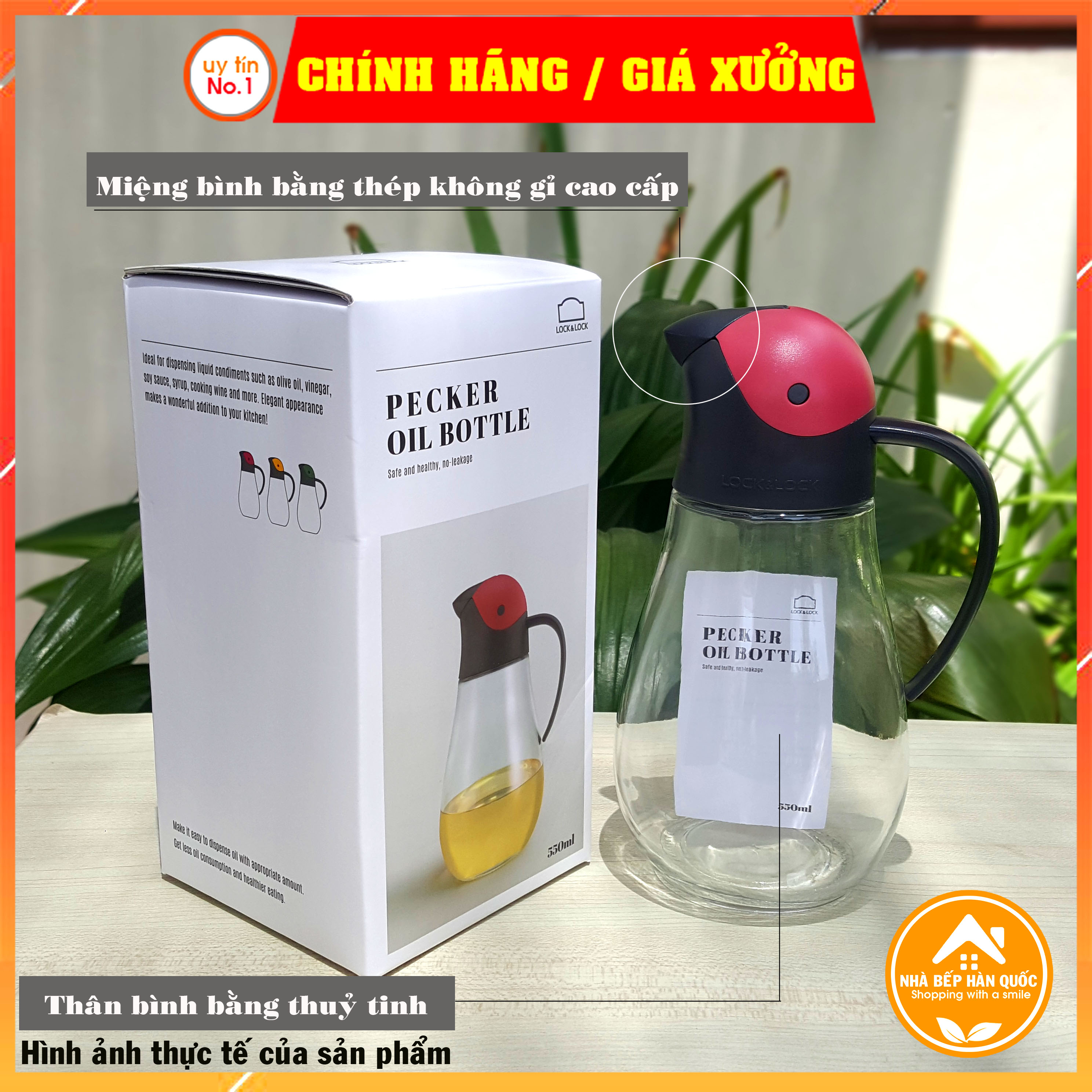 Bình thủy tinh đựng dầu LOCK&amp;LOCK tự động mở nắp CKO201 550ml