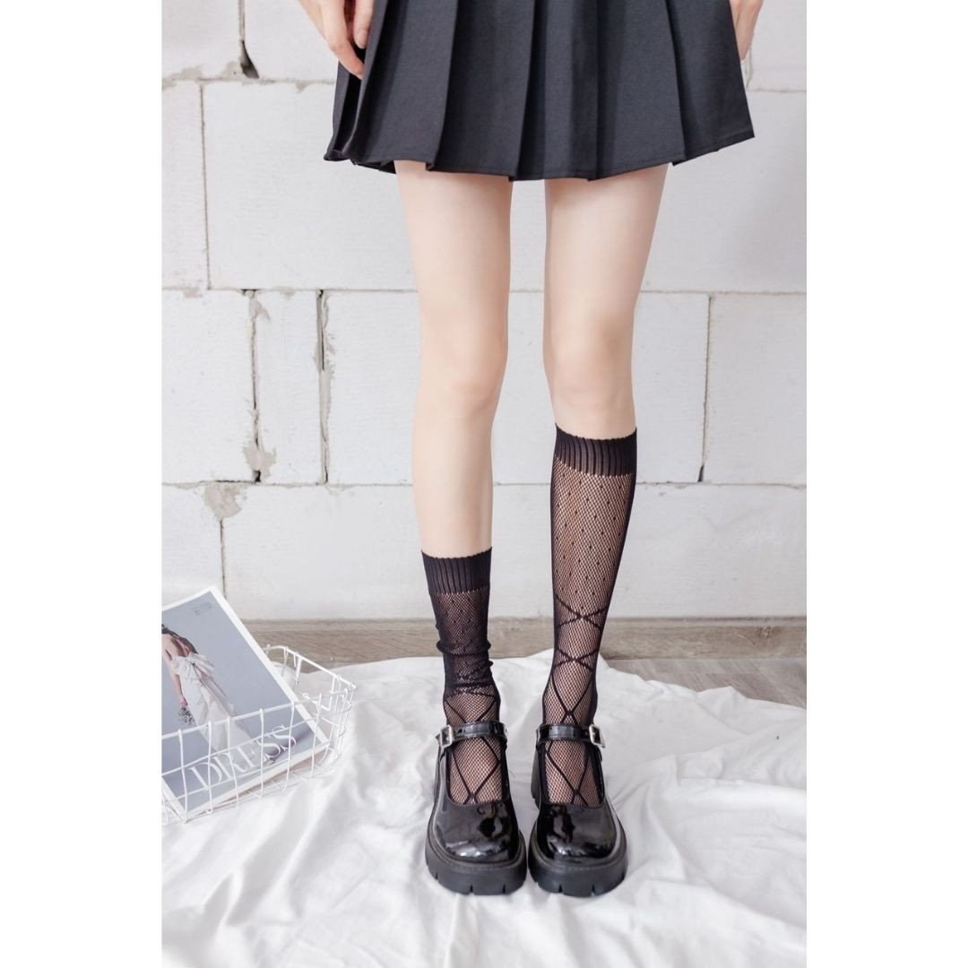 Tất bắp chân Ren lưới hoạ tiết thêu Nơ phong cách lolita cá tính