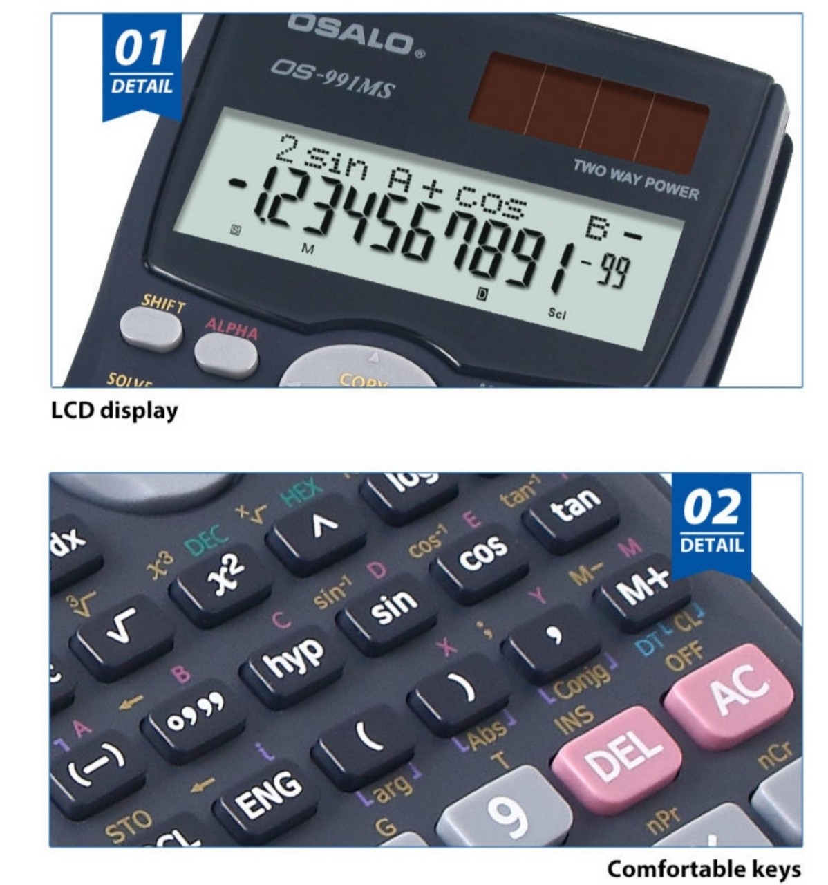 Máy tinh khoa học OSALO OS-991MS chất lượng cao, 401 phép tính,màn hình rộng siêu nét.