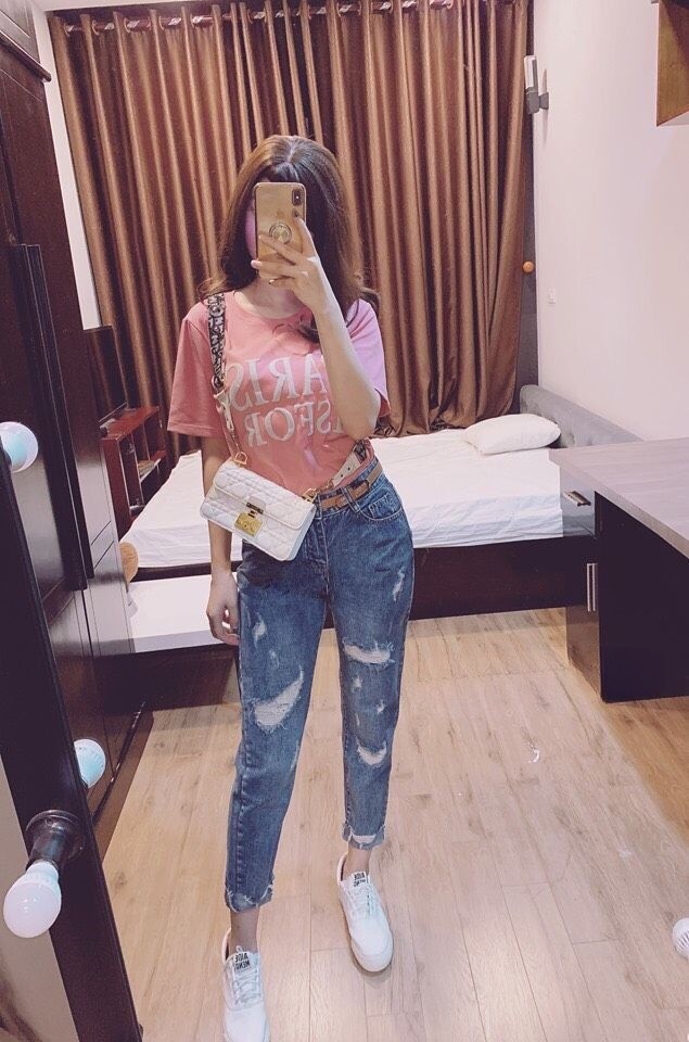 Quần baggy jean nữ rách cạp thêu co giãn Q074