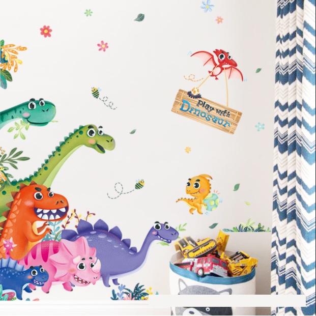 Decal trang trí tường - Những chú khủng long đa sắc màu