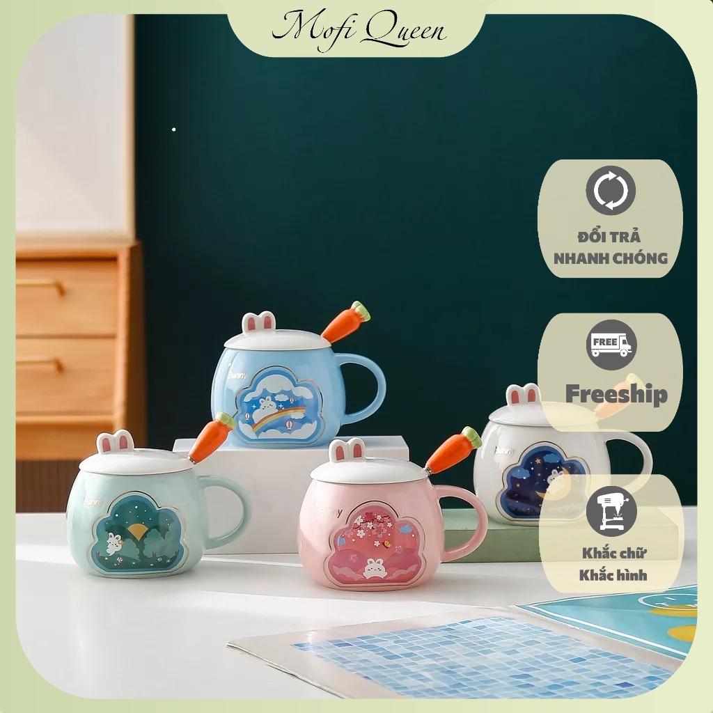Cốc sứ có nắp, Sứ́, Quà lưu niệm, cute có nắp đậy, họa tiết bunny siêu đáng yêu 420ml