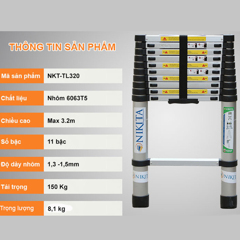 Thang nhôm rút gọn, an toàn, tiện dụng, đa năng - Nhôm 6063 không rỉ - Hàng chính hãng NIKITA