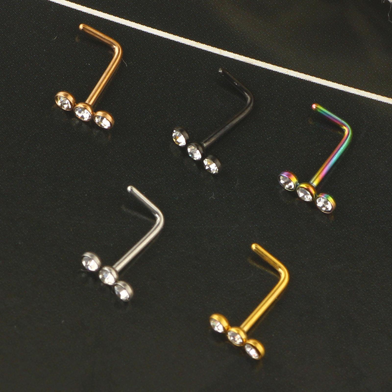 5pcs Nose Stud Stainless Steel Rhinestone Crystals L-Shape Screw Bones Piercing Jewelry for Men Women Girl 7mm