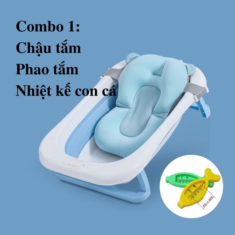 Chậu tắm cho bé, Chậu tắm gấp gọn cho bé sơ sinh, tặng nhiệt kế cá, kèm phao tắm, lưới tắm babyjoymart