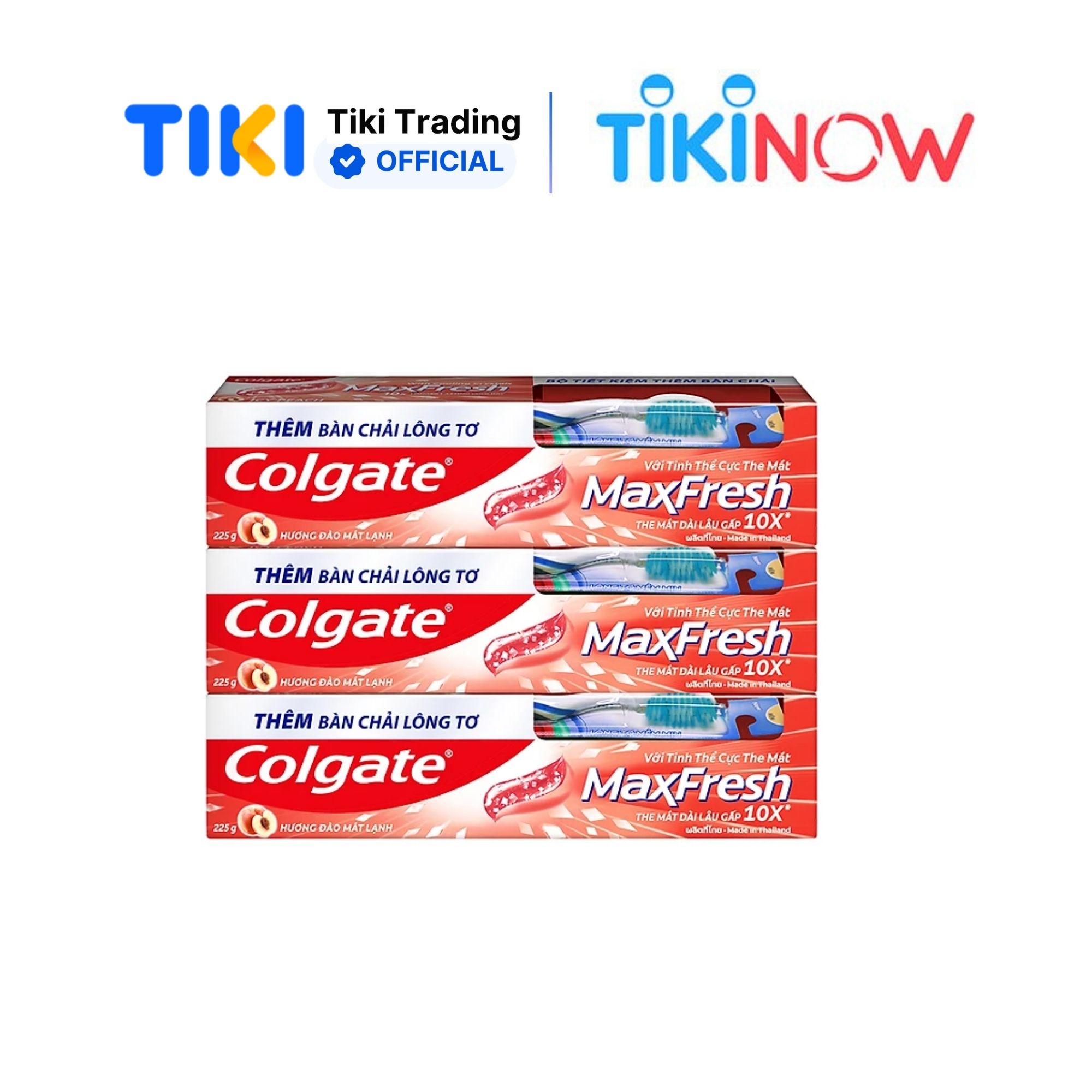 Bộ 3 Kem đánh răng Colgate MaxFresh Hương Đào Mát Lạnh 225g tặng kèm bàn chải