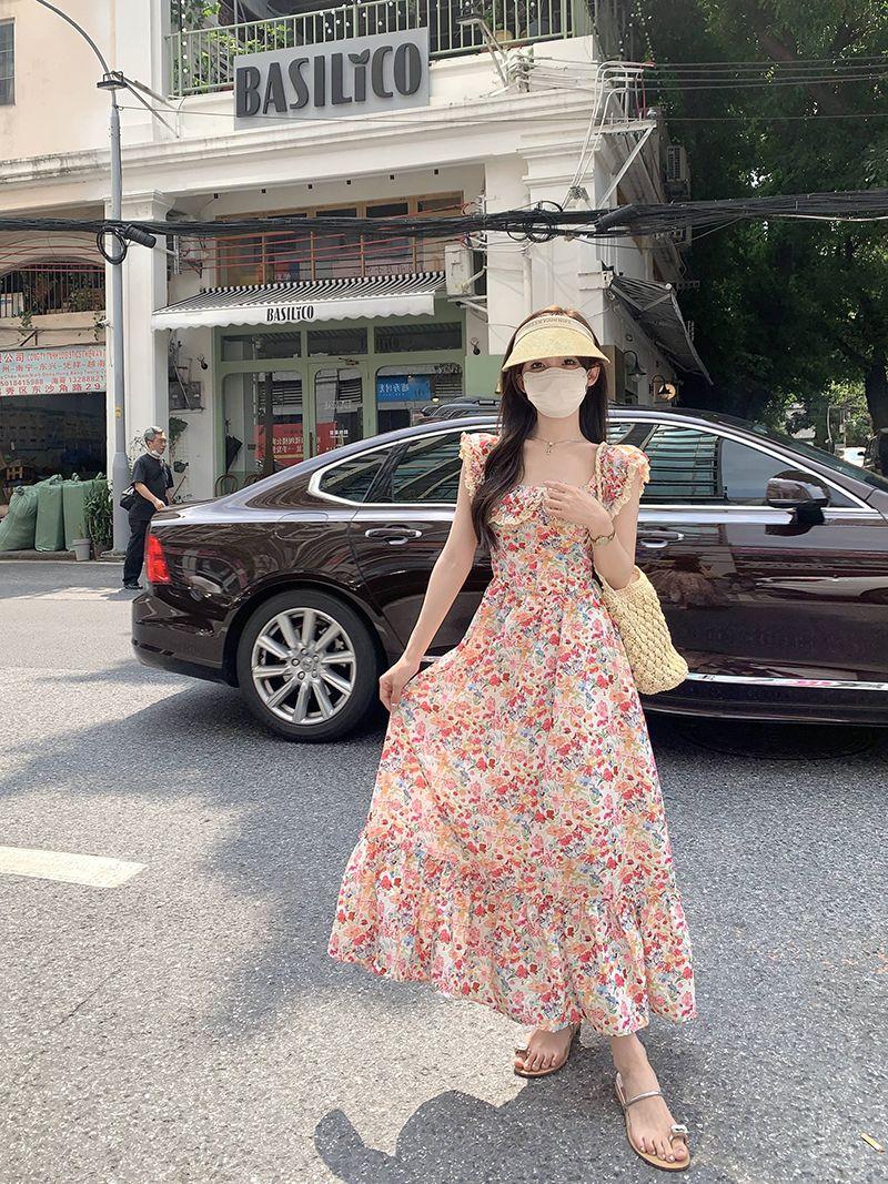 CHENGRUI Mùa hè phiên bản Hàn Quốc 2023 Xu hướng Hàn Quốc Dongdaemun ngọt ngào phụ nữ mảnh hoa giảm tuổi lá sen cổ áo vest đầm
