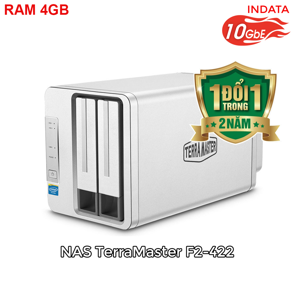 Bộ lưu trữ mạng NAS TerraMaster F2-422, LAN 10Gbps, Intel Quad-Core 1.5GHz, 4GB RAM, 651MB/s, 2 khay ổ cứng RAID 0,1,JBOD,Single - Hàng chính hãng