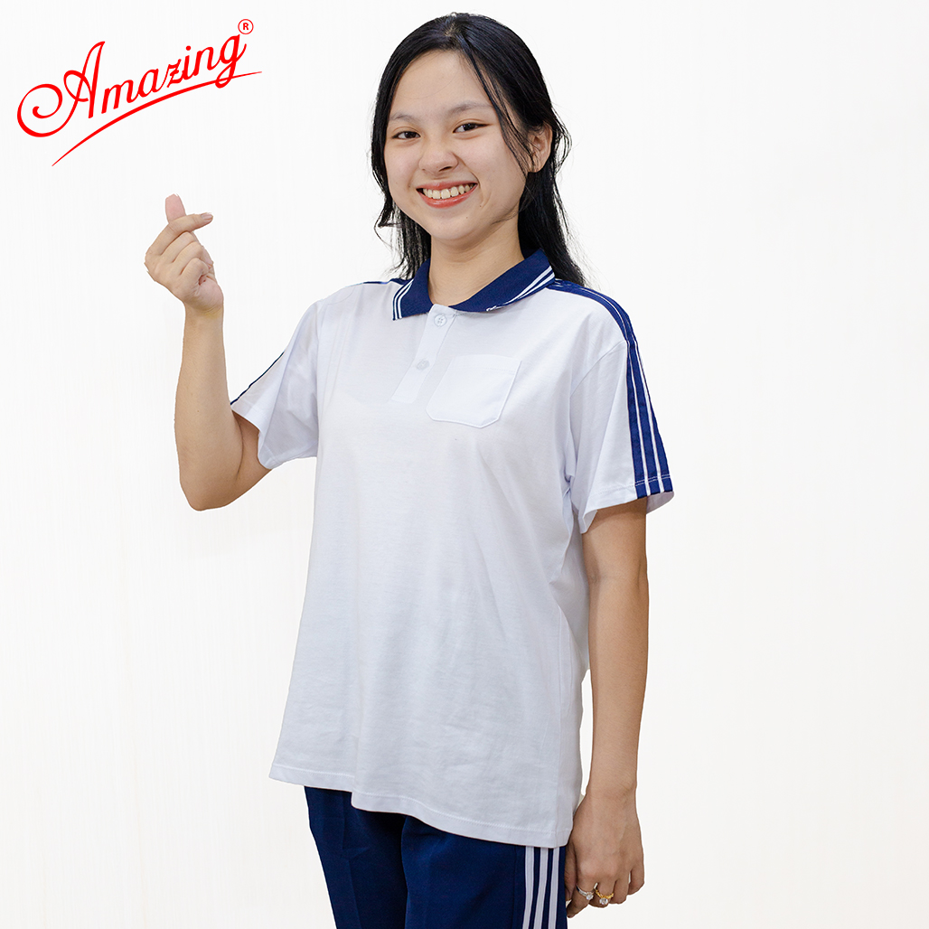 Áo thể dục cổ trụ 3 sọc vai bé gái, có 1 túi, hiệu Amazing, vải thun cotton mềm mại hút mồ hôi tốt