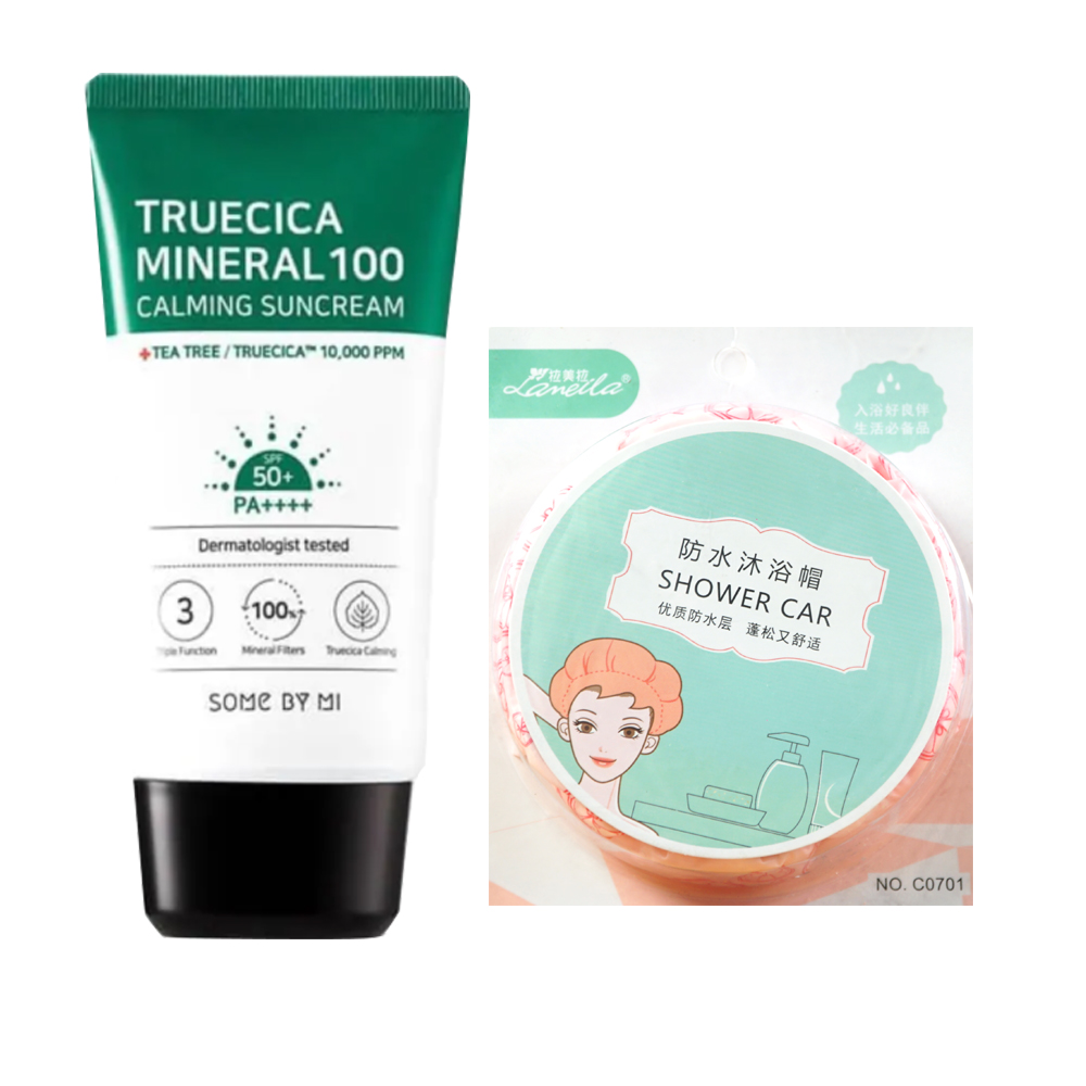 Kem Chống Nắng Dành Cho Da Dầu Mụn, Nhạy Cảm Some By Mi Trucica Mineral 100 Calming Suncream SPF50+/PA+++ 50ml tặng kèm mũ trùm tóc