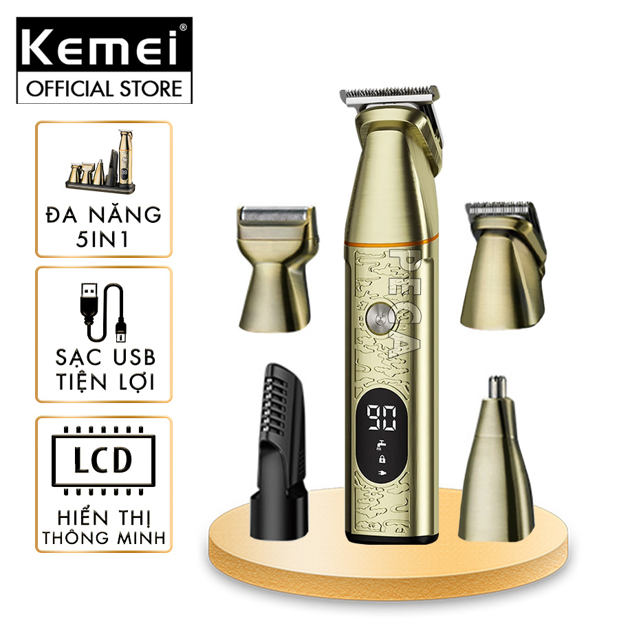 Tông đơ đa năng 5in1 Kemei KM-5859 chuyên cắt tóc, chấn viền, cạo râu, tỉa lông mũi, cạo lông sạc nhanh có đế sạc - Hàng chính hãng