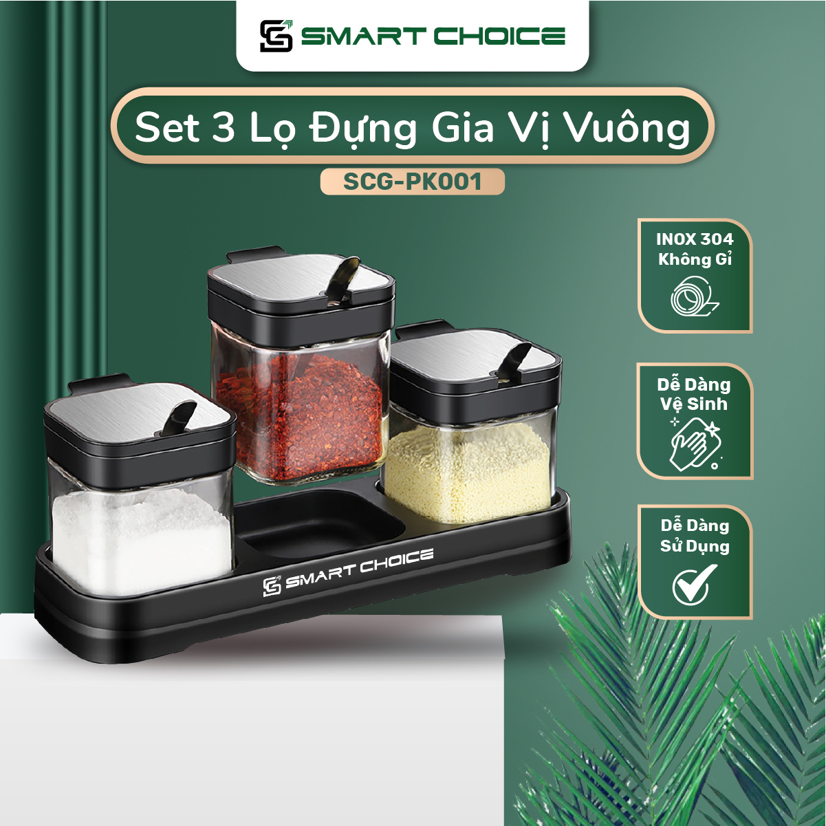Lọ Đựng Gia Vị Thủy Tinh SMARTCHOICE SCG-PK001 Có Thìa Kèm Khay Cao Cấp, Set 3 Hũ Đựng Gia Vị Dày Dặn Nắp Bật Inox 304 - Hàng Chính Hãng