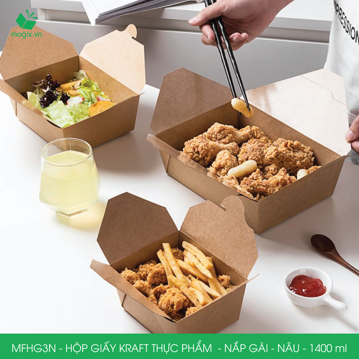 MFHG3N - 50 hộp giấy kraft thực phẩm 1400ml, hộp giấy nắp gập màu nâu đựng thức ăn, hộp giấy nắp gài gói đồ ăn mang đi