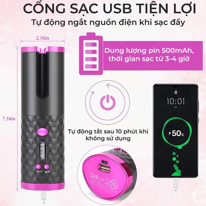 Máy uốn tóc, làm xoăn tóc tự động mini cầm tay không dây tiện lợi