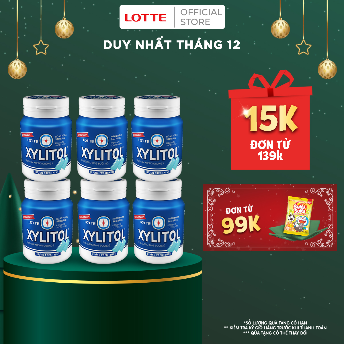 Combo 6 Kẹo Gum không đường Lotte Xylitol - Hương Fresh Mint 55.1 g