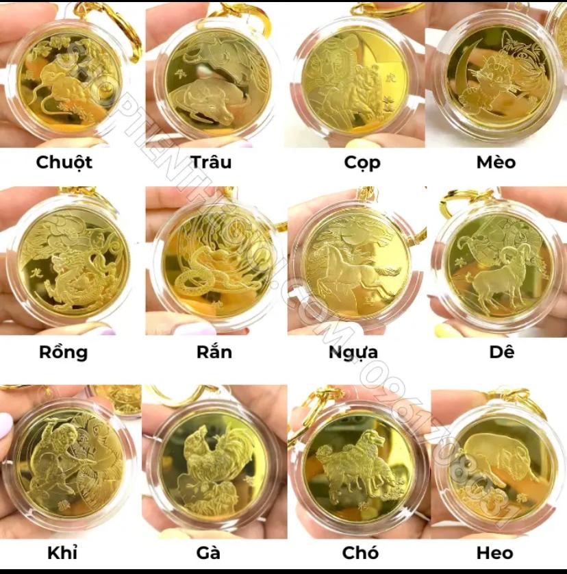 Bao lì xì Ti.ền 2023 Móc khóa Đồng xu phong thủy hình 12 con giáp Niken mạ vàng kèm hồng bao PTLGDC000037