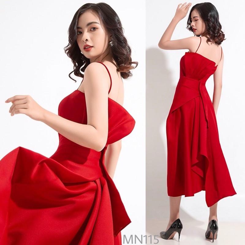 Đầm dự tiệc | Đầm thiết kế hai dây xoè | Đầm đỏ nơ lưng sang trọng Taffta lụa MN115 - Đầm Váy Mina
