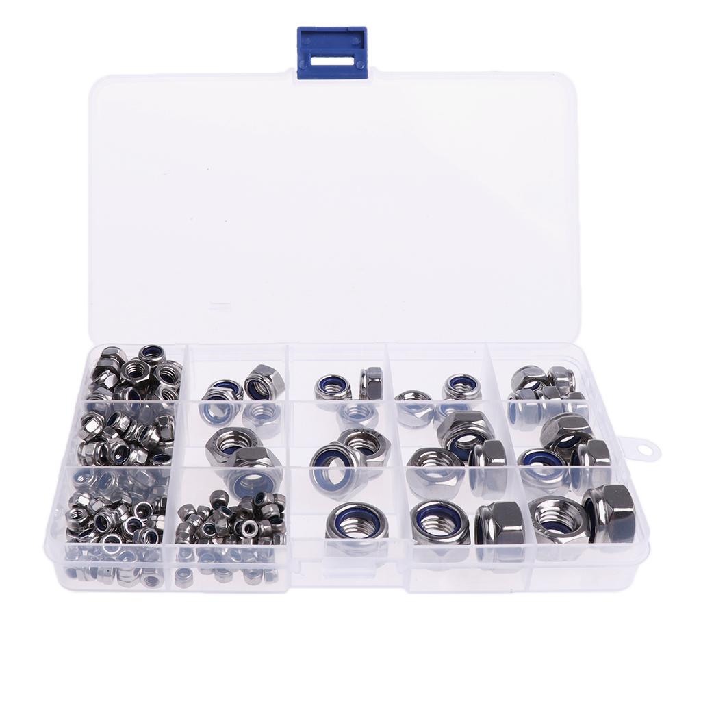 Assorted 304 Steel Nylon Lock Nuts Assortment Kit -M3 M4 M5 M6 M8 M10 M12