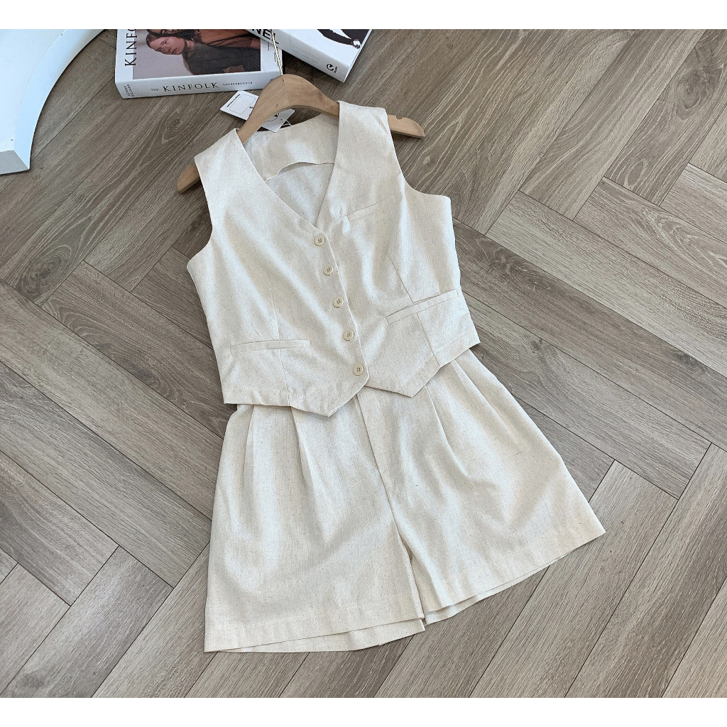 Set linen áo gile vạt nhọn và quần đùi lưng cao chất đẹp, tiểu thư nhẹ nhàng bv01