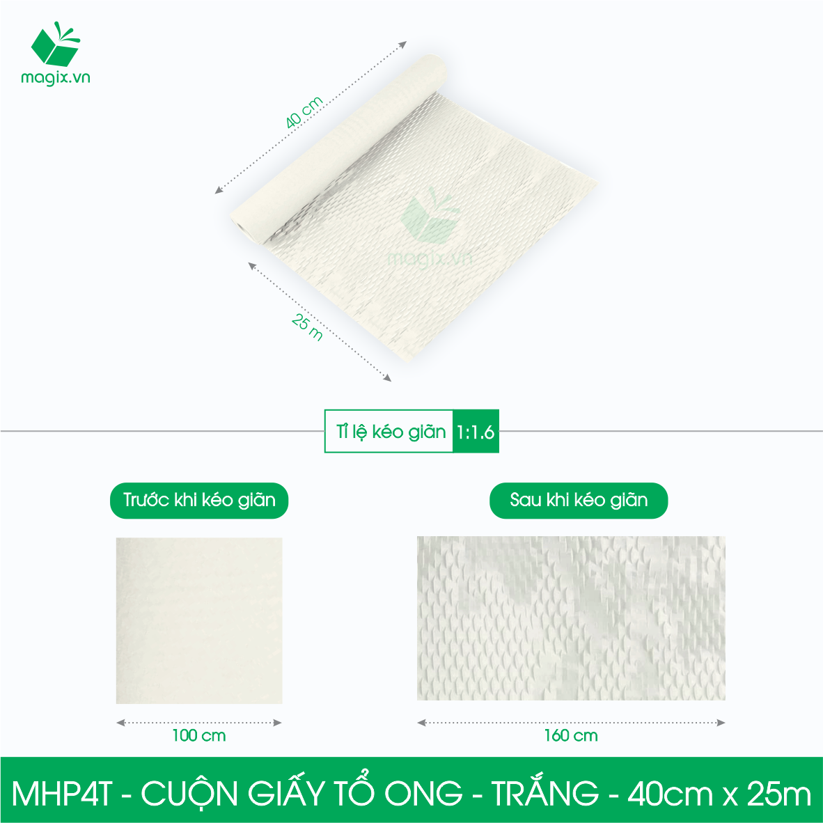MHP4T - 40cm x 25m - Cuộn giấy tổ ong gói quà, gói hàng chống sốc - Kraft trắng kem Tiêu Chuẩn