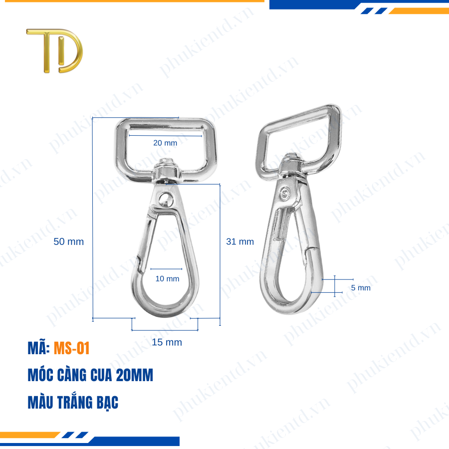 Móc càng cua túi xách,móc khóa càng cua túi xách,móc chó túi xách 20mm Mạ điện bền 5-8 năm