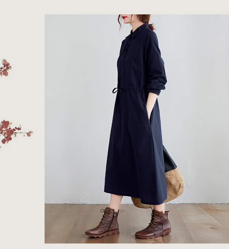 Đầm suông cổ sơ mi dài tay rút eo, chất vải linen tự nhiên mềm mại, thời trang thu đông ARCTIC HUNTER AH175