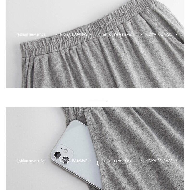 Bộ dài nữ mặc nhà thun cotton màu xanh ghi bo gấu vai buông