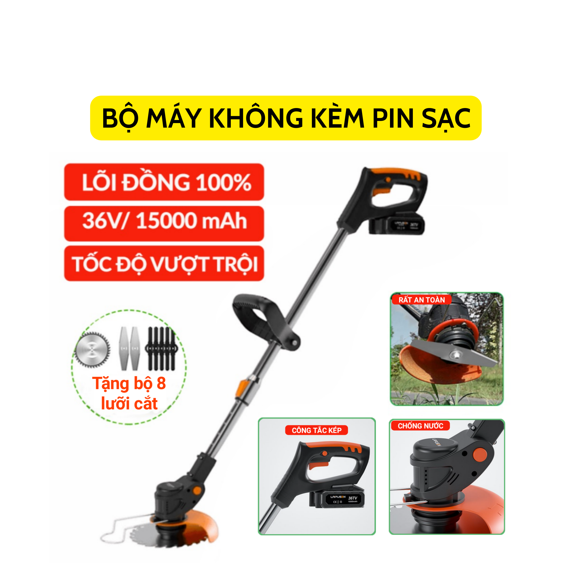 Máy Cắt Cỏ Pin LAPUSEN Động Cơ 1800w Không Kèm Pin Sạc, Chân Pin Thông Dụng 40mm, Bảo Hành 12 Tháng